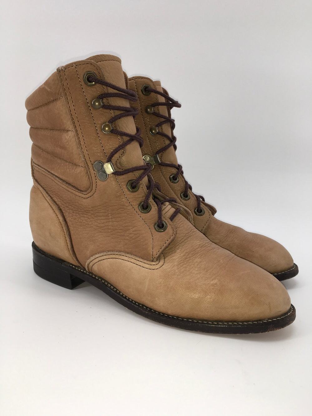 Justin Deerskin Leather Lacer Boots Womens 7.5 C Tan Roper Cowgirl Fairy 448